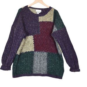 Elements Patchwork Chunky Knit Sweater M 90s Retro Artsy Cottagecore Vintage